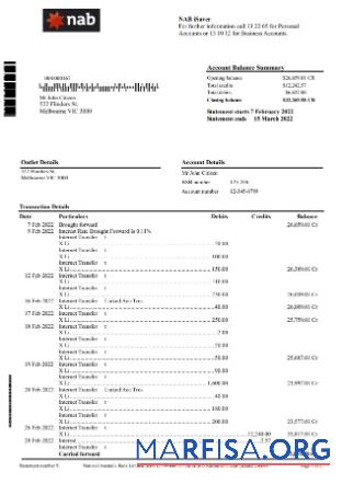Printable Australia NAB bank statement word download for verification